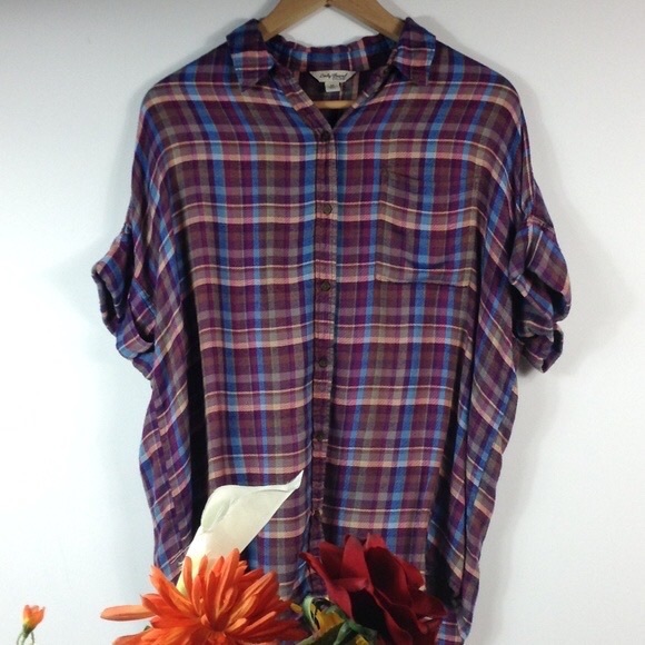 LUCKY BRAND Plaid Flannel Short Sleeve Button Down Tunic Shirt - Picture 2 of 8